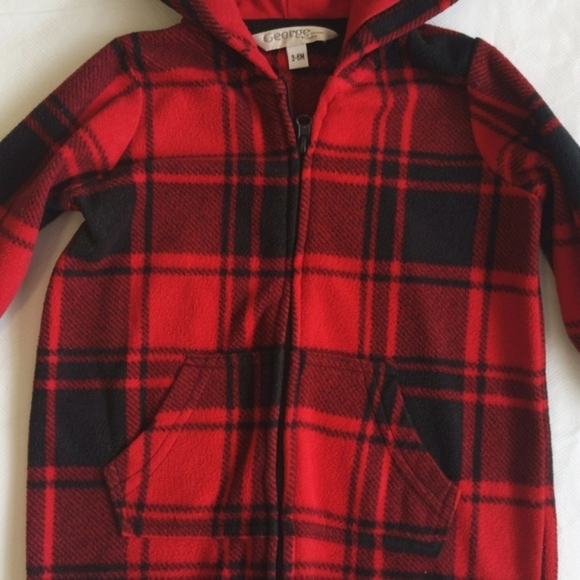 george red plaid fleece zipper jumpsuit with hood 3-6 months baby unisex - Picture 4 of 7